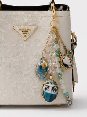 Fornasetti Purse Bag Charm Iconic Eye Art Crystals Turquoise Keychain key Ring